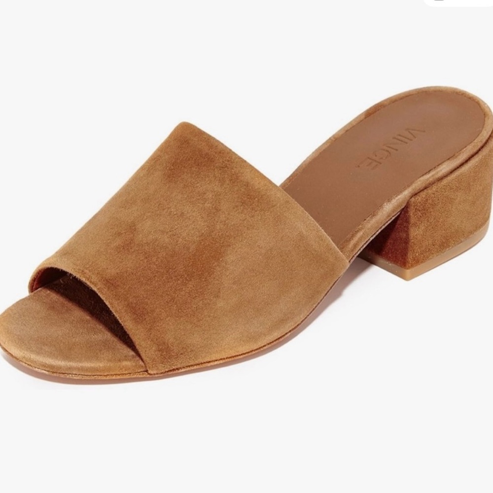 VINCE Rachelle 2 cedar brown suede leather block heel slip on sandals mules 8